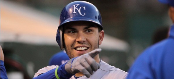 Kansas City Royals first baseman Eric Hosmer wears a hat made by